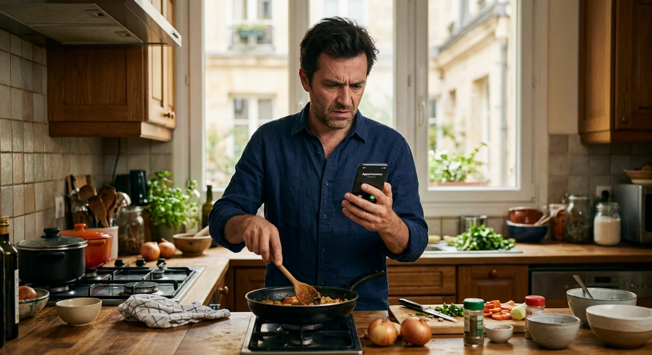 Un homme interrompt la préparation du dîner pour regarder un appel inconnu sur son téléphone.