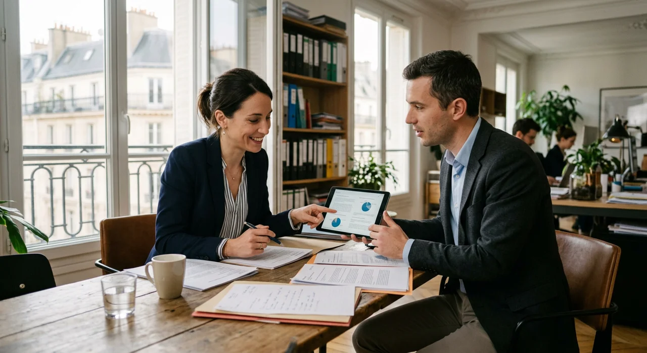 Deux juristes de l'équipe conformité travaillent sur une tablette dans un bureau parisien.